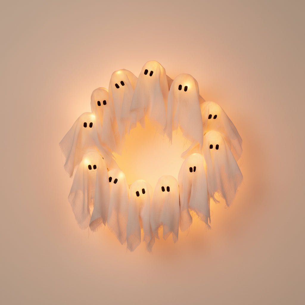 LED Ghost Wreath featuring battery-operated lights and spooky gauze accents, perfect for Halloween door decoration. 0